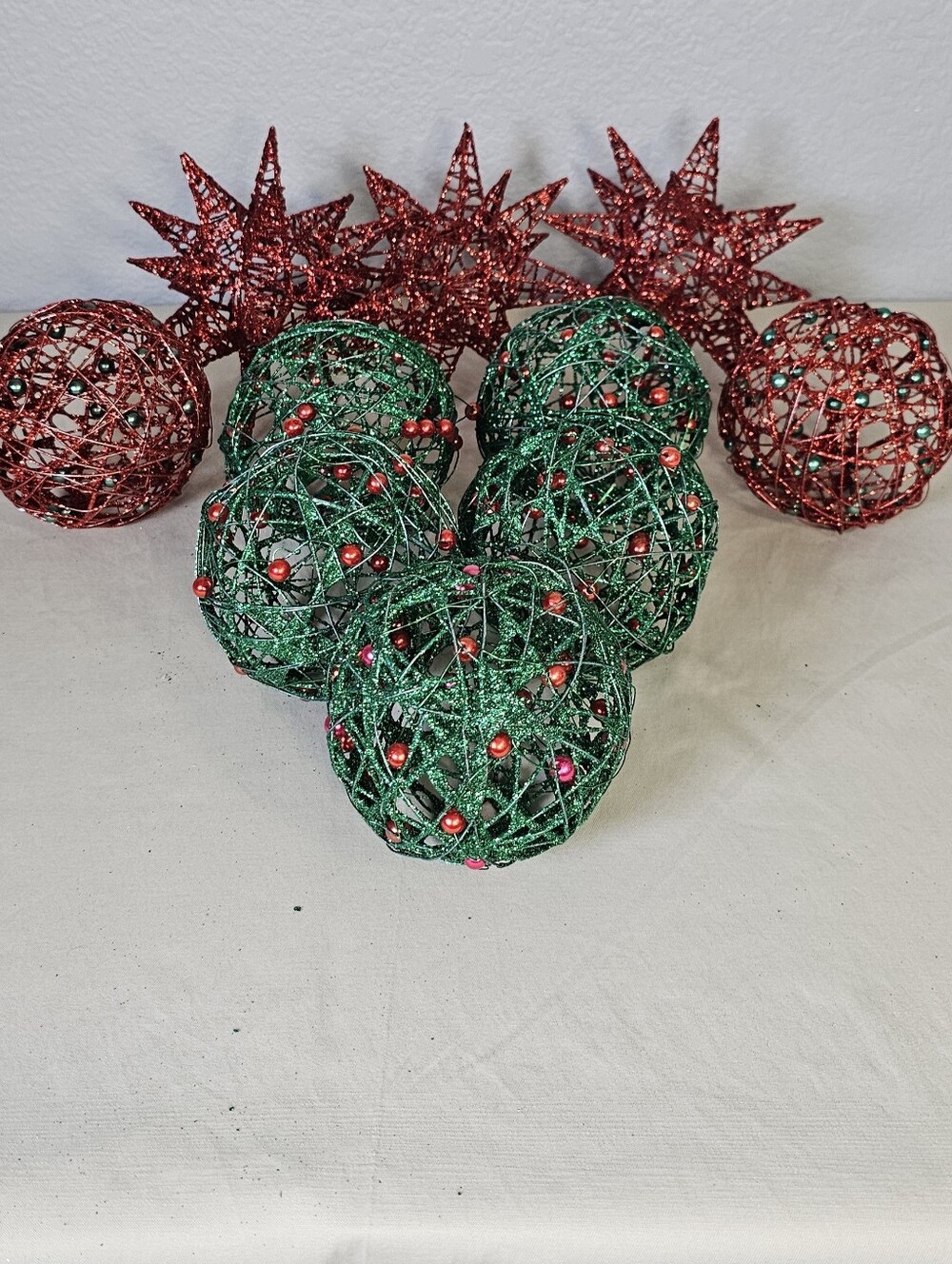 10 Pc Christmas Glitter Wire Ball & Star Ornament Bowl Filler Decor Red Green